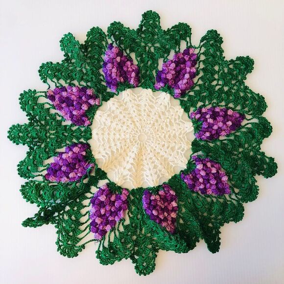 Vintage Crochet Doily 14" Ombre Purple 8 Grape Clusters Cottage Core Handmade - Picture 1 of 8